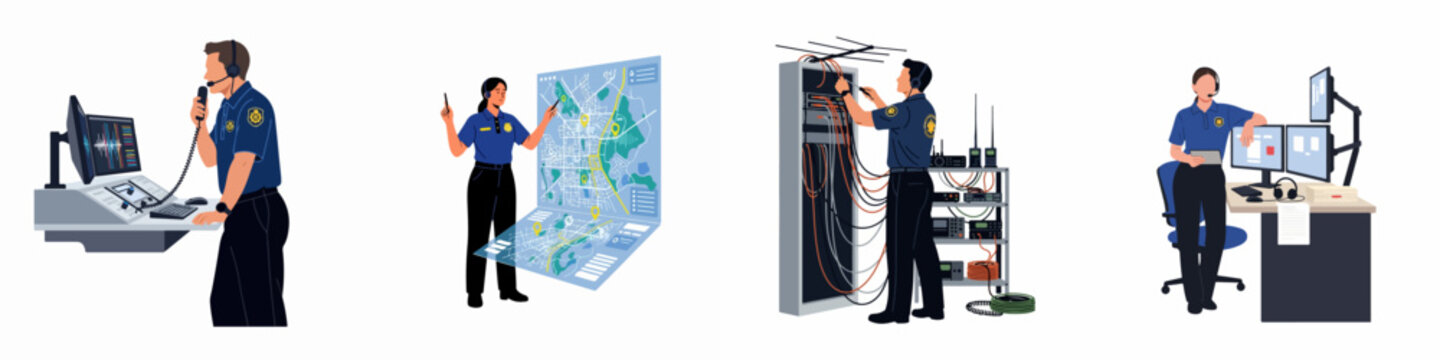 Vector illustration of professional emergency dispatchers and technicians working in a modern high-tech security operations and control center environment.