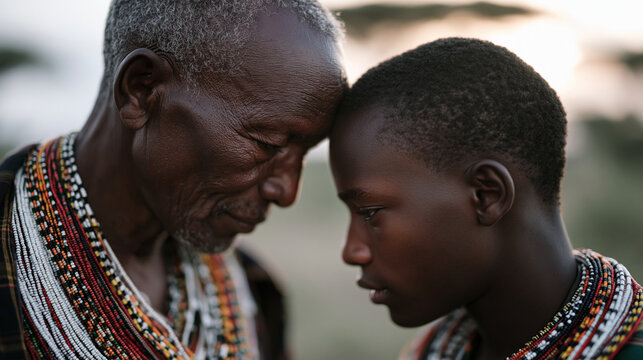 Maasai elder pressing his forehead against that of a teenage boy during an ear-piercing rite of passage, close-up capturing beaded necklaces layered across both necks, savanna