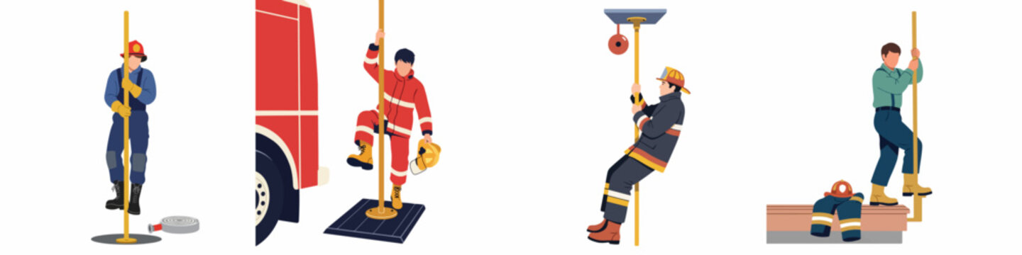 Collection of flat vector illustrations showing firefighters sliding down the brass pole in a fire station to respond to an emergency call.