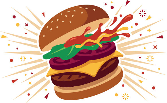Vector flat graphic illustration featuring a delicious hamburger with flying ingredients exploding sauces sesame bun cheese lettuce tomato and pop art elements