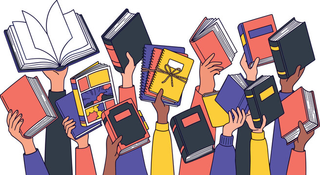 Vector flat graphic illustration featuring many diverse hands raised up holding colorful books notebooks textbooks and a wide open novel page