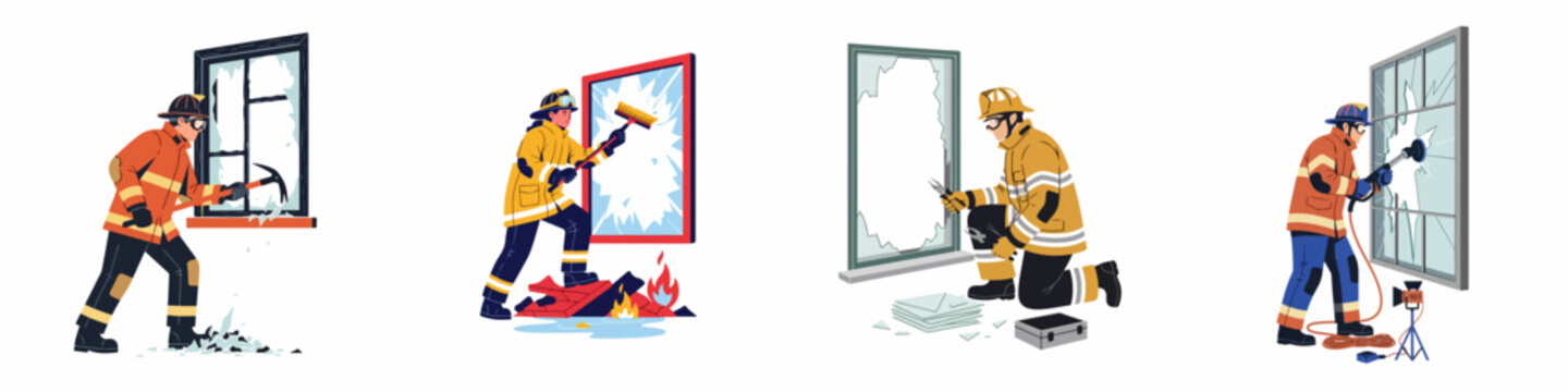 Set of flat vector illustrations showing firefighters in protective gear using various tools to break and clear windows during emergency rescue operations.