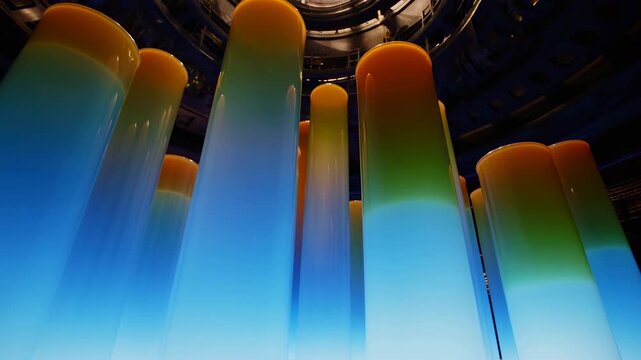 Low-angle view of luminous gradient cylinders filling industrial atrium with overhead circular