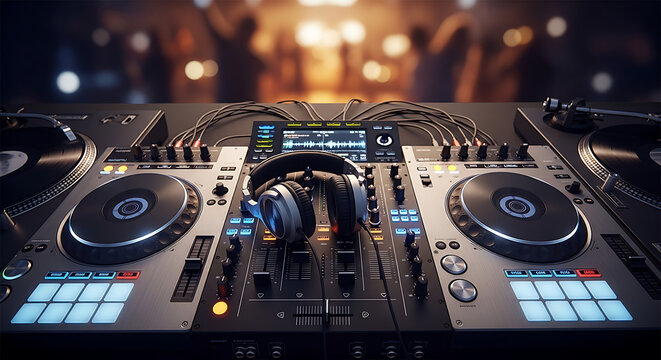 Dj Equipment Setup With Headphones And Turntables Detailed Studio Scene djing turntable