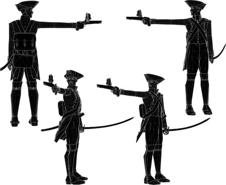 Polygon art illustration of a vintage frontline soldier holding an elegant classic sword and long rifle running in a historic retro uniform