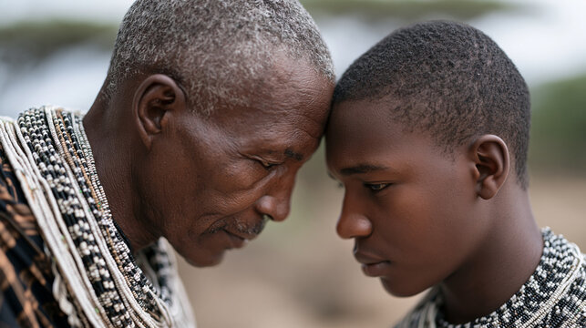 Maasai elder pressing his forehead against that of a teenage boy during an ear-piercing rite of passage, close-up capturing beaded necklaces layered across both necks, savanna