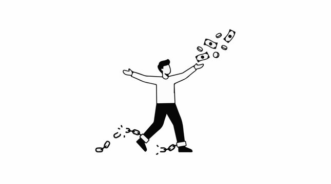 A man breaks free from chains while money and coins float around him