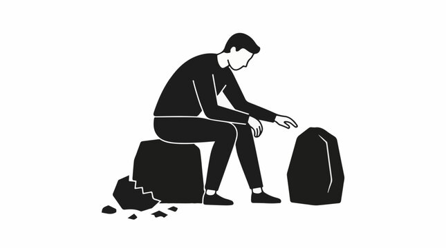 A man sits on a stone packing a bag