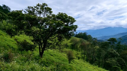 Fototapeta premium A serene and picturesque hillside landscape echoing with natural beauty and birdsong