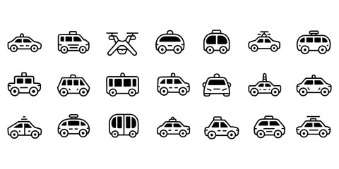 Black and white of various vehicles including taxis and a drone vehicle black and white line taxis cars in white background © Tania