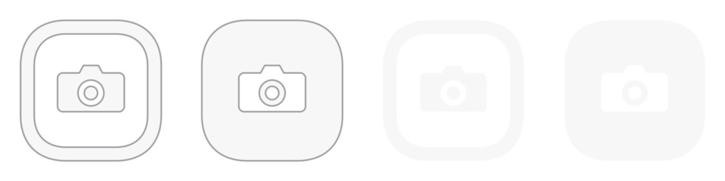 White camera icon logo with photo camera symbol outline rounded squircle for application button and clipart on transparent background