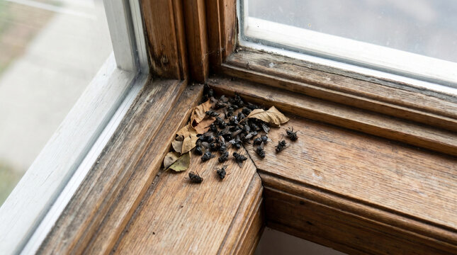 Dead Flies and Dried Leaves Accumulated in Wooden Window Frame Corner