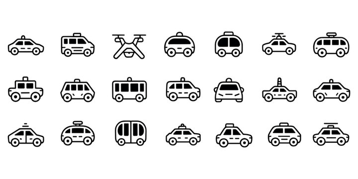 Black and white of various vehicles including taxis and a drone vehicle black and white line taxis cars in white background