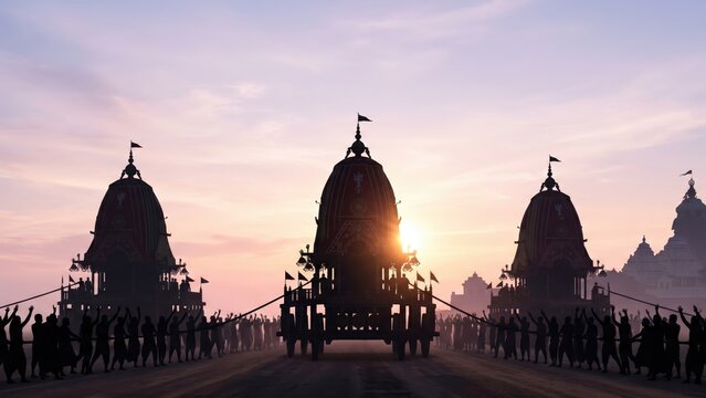 Jagannath Rath Yatra Silhouette &ndash; Three Chariots at Sunset
