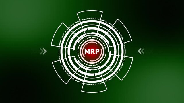 MRP Material Requirements Planning HUD Animation: Futuristic Production Circular Interface with MRP Text on Green Abstract Background Loop