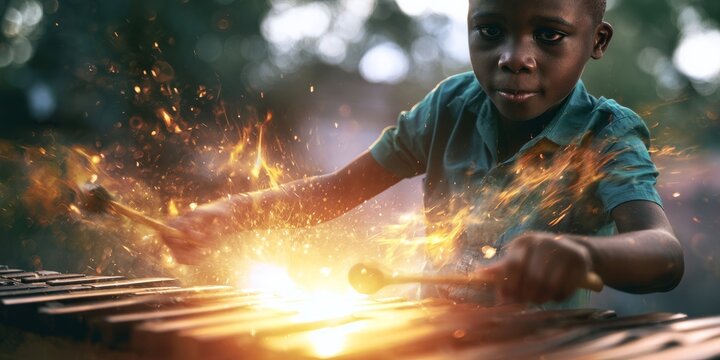 Young Marimba Player Surrounded By Golden Energy Lights