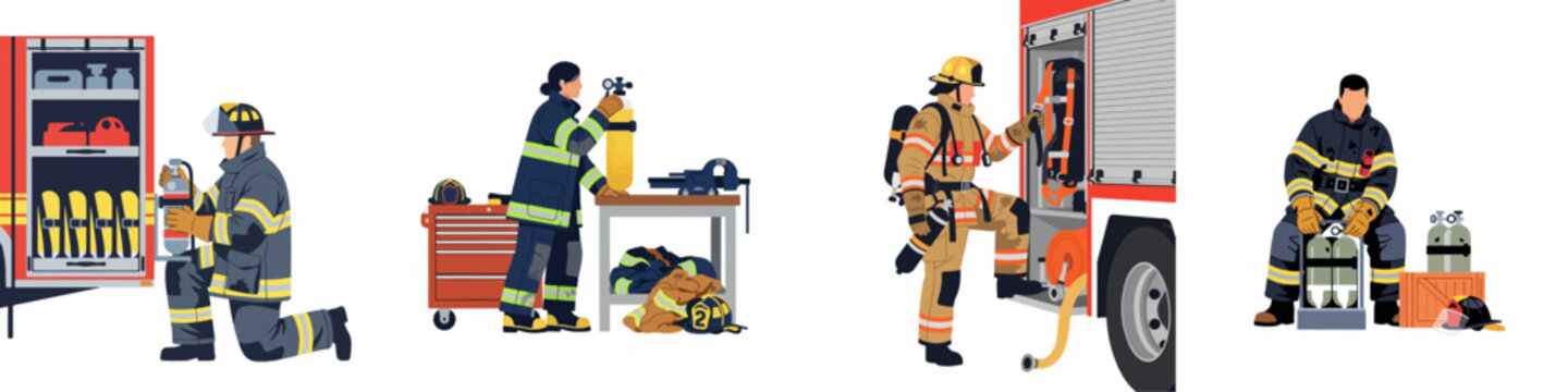 Flat illustration of firefighters preparing and maintaining their equipment, including SCBA tanks and fire truck compartments, on a white background.
