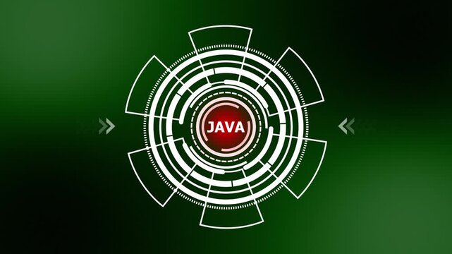 Java Programming Language HUD Animation: Futuristic Tech Circular Interface with JAVA Text on Green Abstract Background Loop