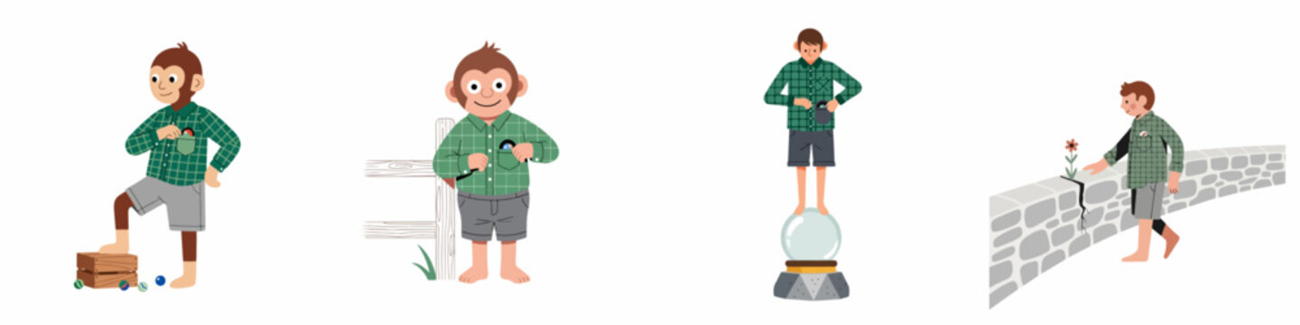 Set of illustrations depicting a boy and a monkey in green plaid shirts playing with marbles, standing on a ball, and finding a flower.