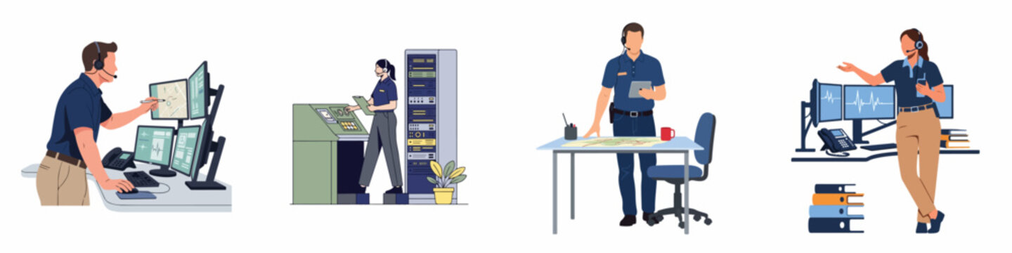 Flat vector illustrations of emergency dispatchers and security operators working in a control center with monitors, headsets, and technical equipment.