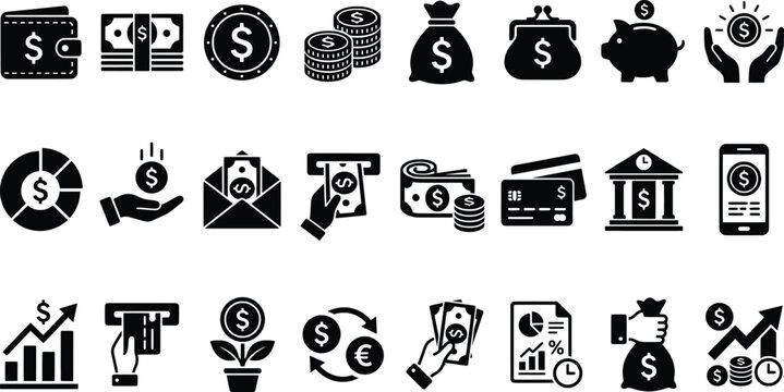 Black money icons set, flat financial symbols collection, 24 vector business and banking elements, currency and investment graphics for web design