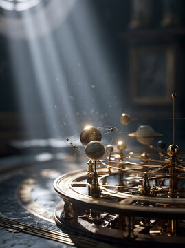 A detailed, etching-style illustration of a large brass orrery model illuminated by dramatic beams of dusty light in a dark, scholarly study.