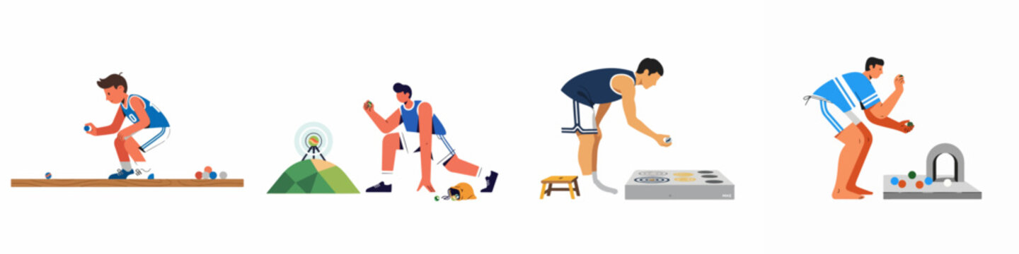 Set of diverse male characters playing marble games and target sports in various athletic and casual poses, flat vector illustration.