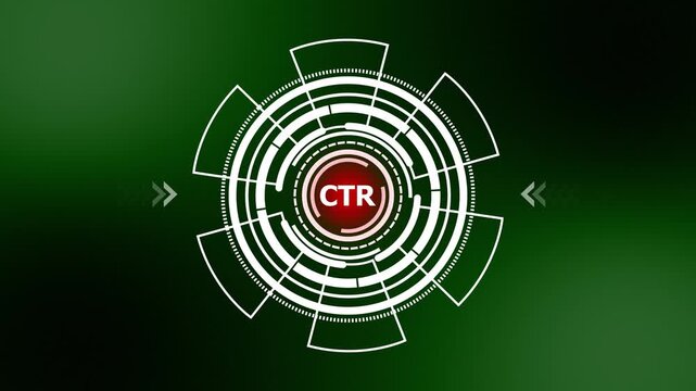 Click Through Rate CTR Marketing HUD Animation: Futuristic Circular Interface Element on Green Abstract Background Loop