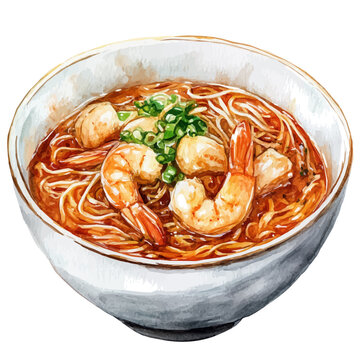 Hokkien Mee, illustration watercolor, vector isolated on a white background.