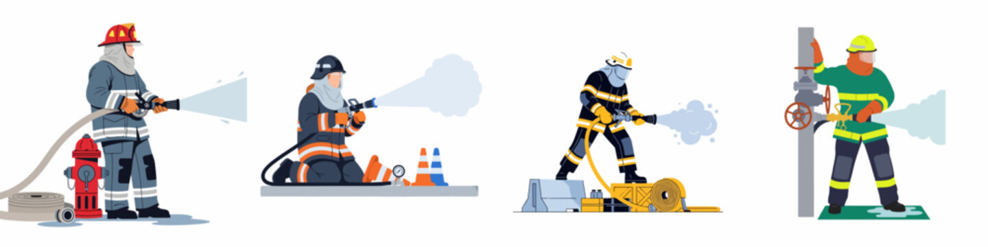 Set of flat vector illustrations showing firefighters in protective gear using hoses to extinguish fires, featuring various equipment like hydrants and cones.