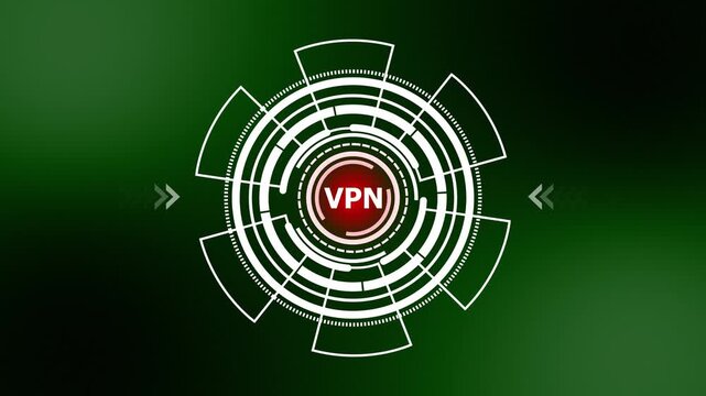 VPN Virtual Private Network HUD Animation: Futuristic Tech Circular Interface with VPN Acronym on Green Abstract Background Loop