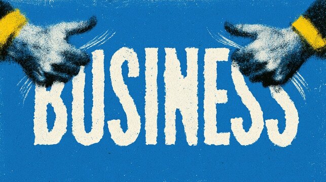 Graphic design with bold stylized white business text on bright blue background, two monochrome hands with yellow wrist accents on both sides pulling and distorting letters, subtle white motion lines 