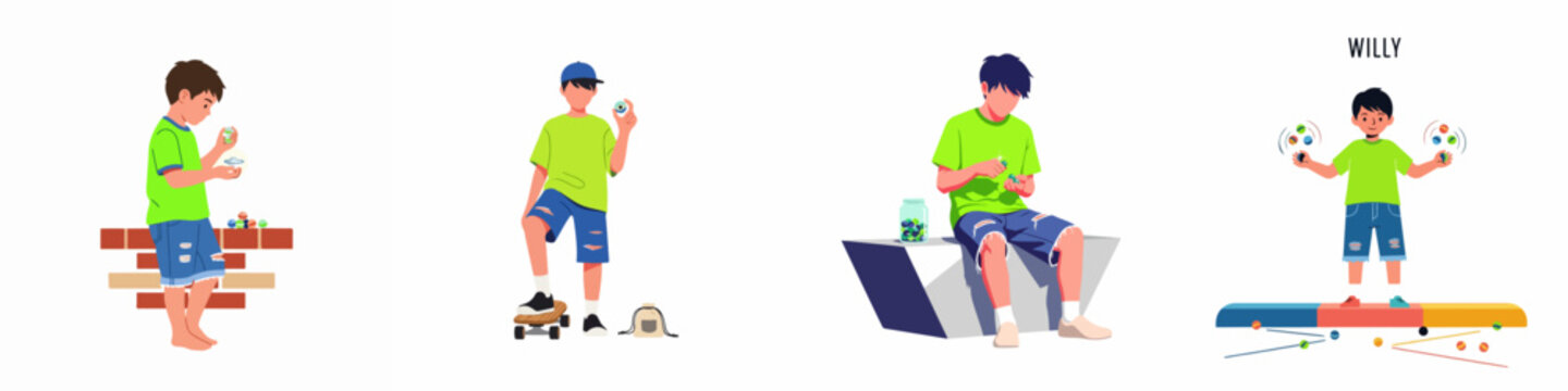 Character set of a boy named Willy wearing a green t-shirt and denim shorts playing with glass marbles in various poses.