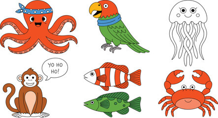 Whimsical collection of six cartoon sea animals including a pirate octopus and talking monkey © MDTOFIZUL