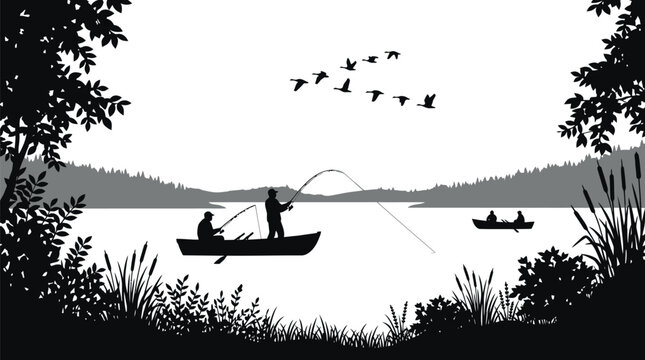 Silhouetted anglers fishing from small wooden boats on a calm lake surrounded by majestic mountains under a flock of migrating birds in a peaceful outdoor nature scene presented in monochrome style on