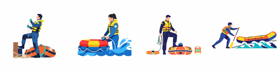 Maritime rescue operations set featuring rescuers with life rafts, life buoys, and safety equipment in flat vector style. © Sugik