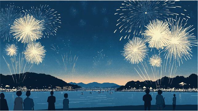 夜空に大きな花火が打ち上がる湖畔の風景、夏祭りやイベントを感じる幻想的な背景素材