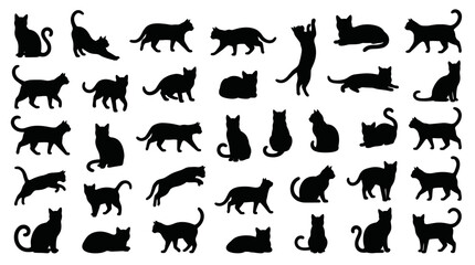 Black cat silhouette collection with playful feline poses, walking, sitting, jumping vector clipart set © creativestock