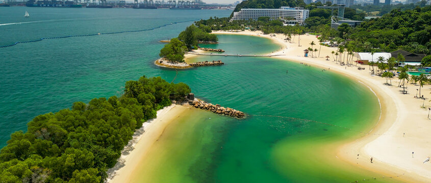 Sentosa Beach, Singapore. Aerial view of beach and coastline on a sunny day