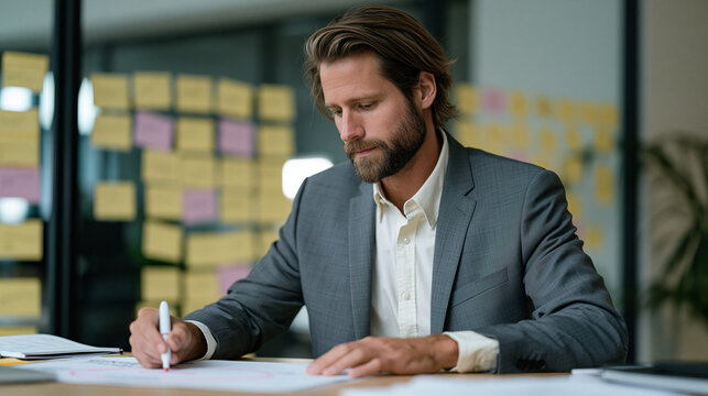 A product manager circles a laminated NPS scorecard with red marker at a standing desk, sticky notes color-coded by detractor score covering an entire glass partition behind them,