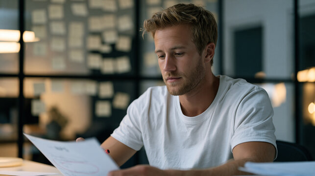 A product manager circles a laminated NPS scorecard with red marker at a standing desk, sticky notes color-coded by detractor score covering an entire glass partition behind them,