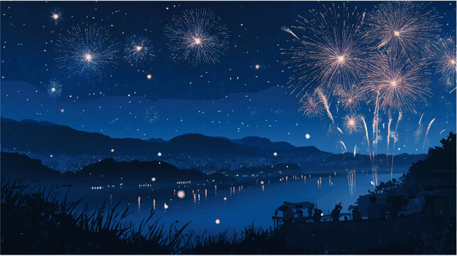 夜空に大きな花火が打ち上がる湖畔の風景、夏祭りやイベントを感じる幻想的な背景素材