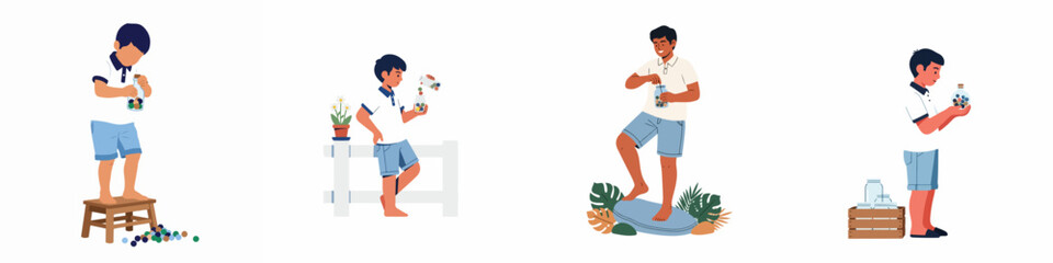 Fototapeta premium Set of illustrations depicting a young boy collecting and playing with colorful marbles in various glass jars and poses.