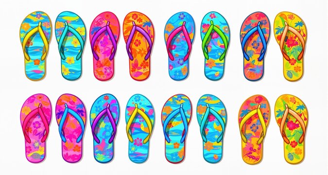 Flipflop colorful pattern clipart set. Multicolored slipper elements clip art for swimming summer beach vacation holiday pair of sandals collection
