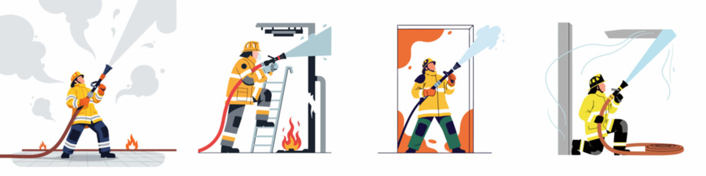 Set of flat vector illustrations depicting brave firefighters extinguishing flames and smoke using high-pressure water hoses in various emergency rescue scenarios.