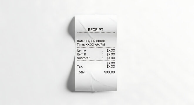 Receipt with placeholder text on a white surface realistic photograph sales slip
