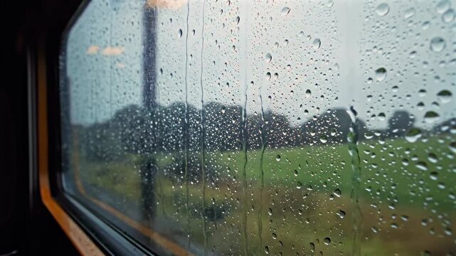 Raindrops cover train window as moving countryside blurs outside, creating quiet railway travel scene with wet glass, motion, weather, passenger viewpoint and reflective journey atmosphere.