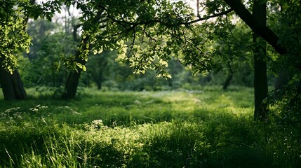 Fototapeta premium Sunlight filters gently through the leaves of an untouched verdant meadow creating a serene and tranquil natural scene