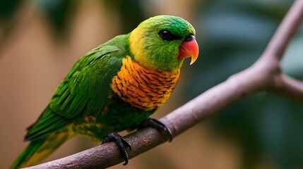 Obraz premium A vividly colored parrot is beautifully perched on a branch displaying intricate patterns and rich tropical motifs