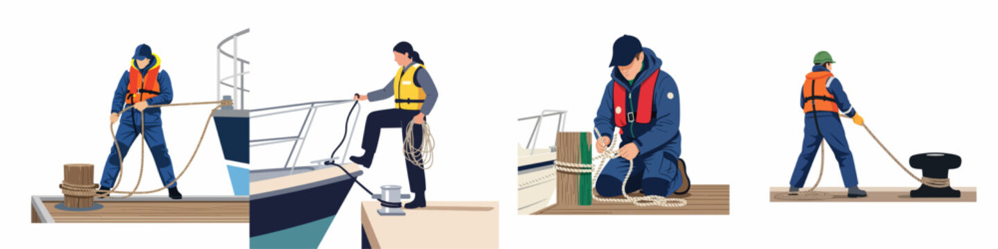 Set of flat illustrations featuring maritime workers mooring boats at a dock, wearing life vests and using ropes on bollards.